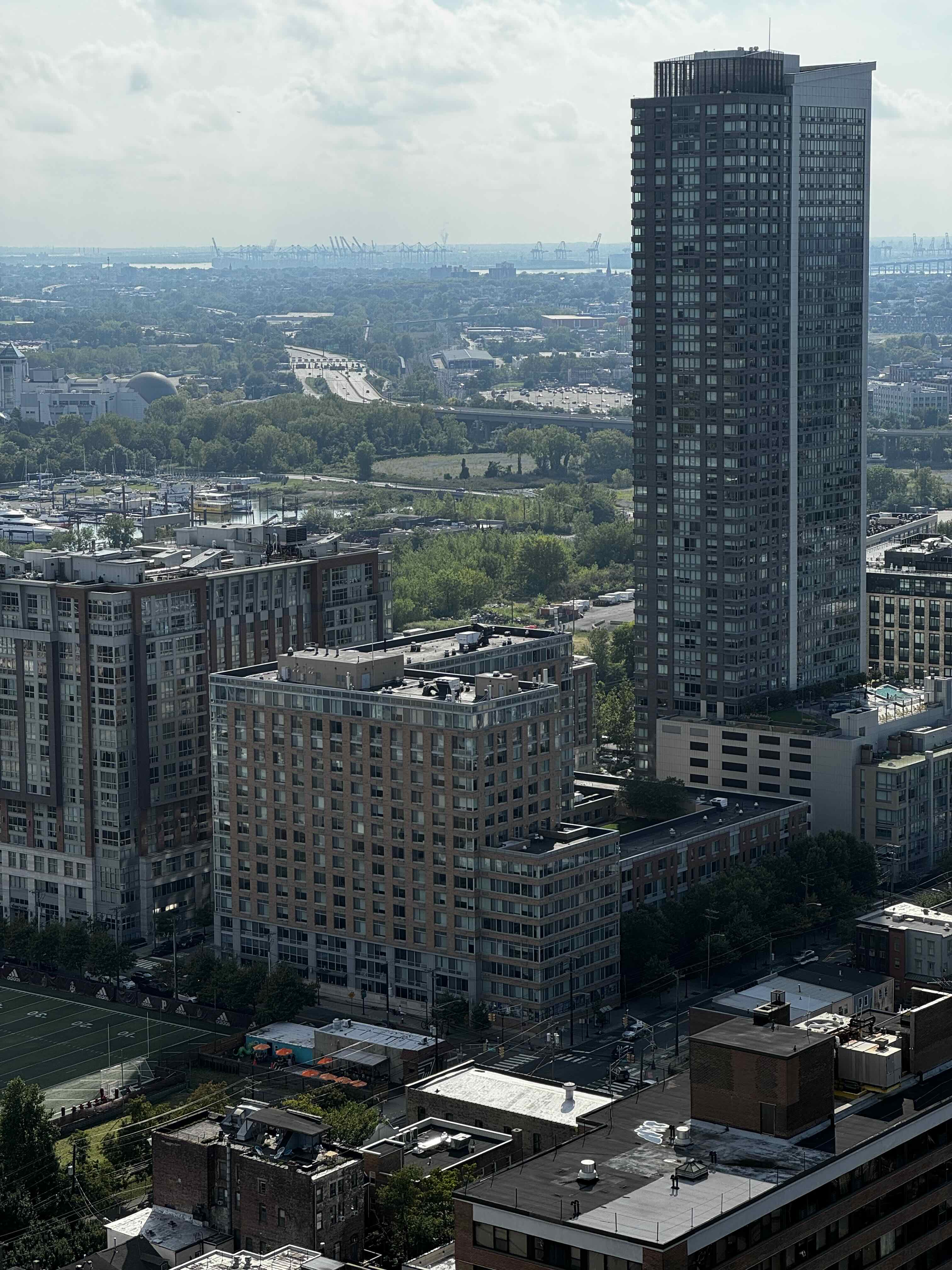 Skyscraper view over Liberty State Park Turnpike and Port of New York and New Jersey